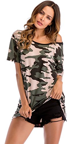 Manga Corta Asimétrico con Aberturas Hombros al Descubierto Descubiertos Aire Ejército Militar Camo Camuflaje T-Shirt Camiseta Playera tee Top Verde L