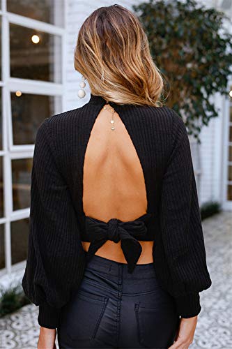 Manga Larga Manga de Obispo Manga de la Linterna Cuello Alto Subido Espalda al Aire Escotado por Detrás de canalé Pullover Suéter Jersey Jerséis Corta Corto Crop Top Negro M