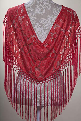 Mantón de Encaje artesanal complementos para fiestas romerías ferias. Estándar; 1.20 cm x 25cm labor enrejado 4 cm y largo flecos 30cm. Trajes de flameca. a mano. 7 colores.