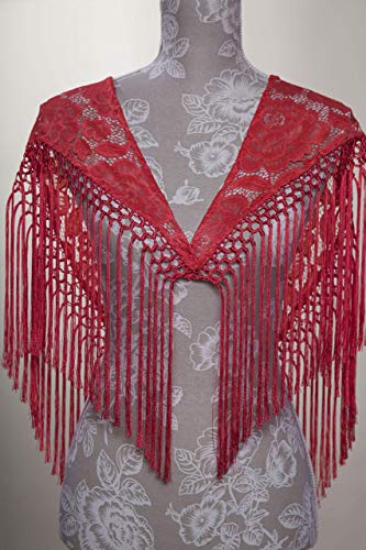 Mantón de Encaje artesanal complementos para fiestas romerías ferias. Estándar; 1.20 cm x 25cm labor enrejado 4 cm y largo flecos 30cm. Trajes de flameca. a mano. 7 colores.