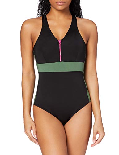 Marca Amazon - AURIQUE Bañador con Cremallera Mujer, Negro (Khaki/black/fuchsia), XS, Label:XS
