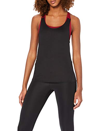 Marca Amazon - AURIQUE Camiseta Deportiva de Doble Capa Mujer, Negro (Black/Rumba Red), 40, Label:M