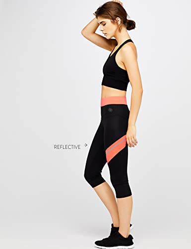 Marca Amazon - AURIQUE Contrast Panels BAL004, Mallas de entrenamiento Mujer, Multicolor (Black/Geranium), 34, Label:XXS