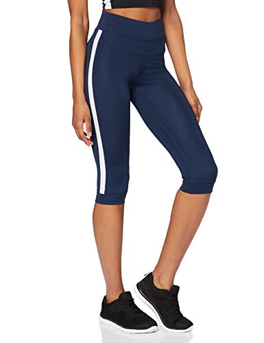 Marca Amazon - AURIQUE Leggings de Deporte con Banda Lateral Estilo Capri Mujer, Azul (Dress Blue), 38, Label:S
