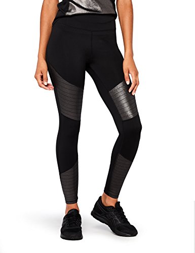Marca Amazon - AURIQUE Mallas de Entrenamiento Tiro Alto con Paneles en Contraste Mujer, Negro (Black Foil), 42, Label:L