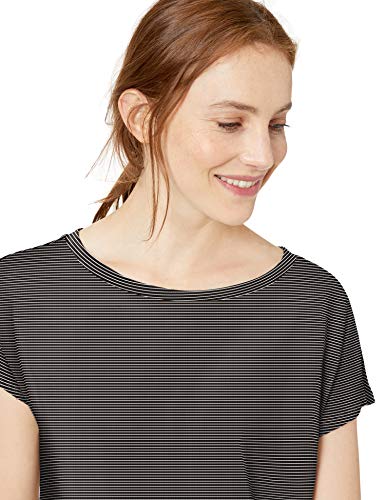 Marca Amazon - Daily Ritual: camisa de cuello de barco y manga dolman con algodón terry súper suave para mujer., Negro/ blanco a rayas, US S (EU S - M)