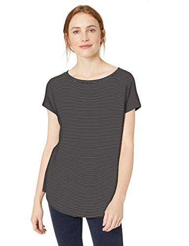 Marca Amazon - Daily Ritual: camisa de cuello de barco y manga dolman con algodón terry súper suave para mujer., Negro/ blanco a rayas, US S (EU S - M)