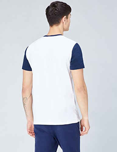 Marca Amazon - find. Camiseta con Cuello Redondo y Mangas en Contraste para Hombre, Blanco (Bright White/navy Blazer), L, Label: L