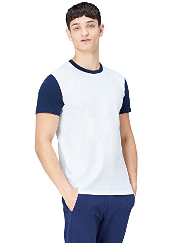 Marca Amazon - find. Camiseta con Cuello Redondo y Mangas en Contraste para Hombre, Blanco (Bright White/navy Blazer), L, Label: L