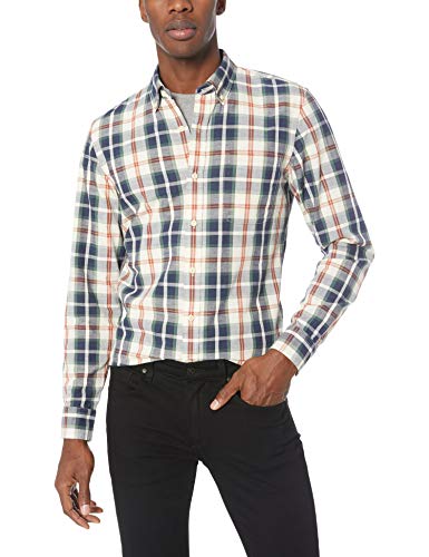 Marca Amazon – Goodthreads – Camisa de manga larga de corte entallado de cambray y raya diplomática para hombre, Verde (Green/Ivory Plaid Gre), US XS (EU XS)
