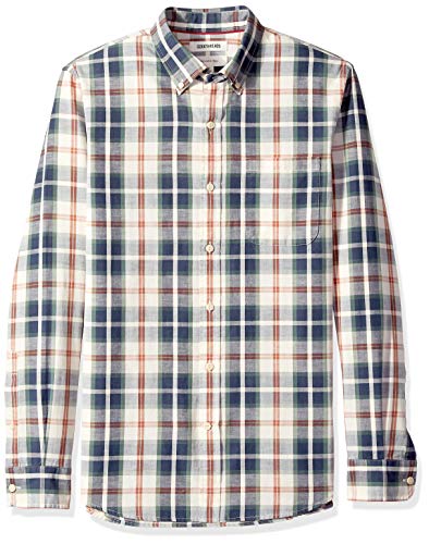 Marca Amazon – Goodthreads – Camisa de manga larga de corte entallado de cambray y raya diplomática para hombre, Verde (Green/Ivory Plaid Gre), US XS (EU XS)
