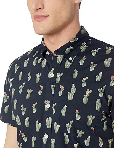 Marca Amazon – Goodthreads – Camisa estampada de manga corta de popelín y corte entallado para hombre, Navy Cactus Print, US XXXL (EU 5XL - 6XL)