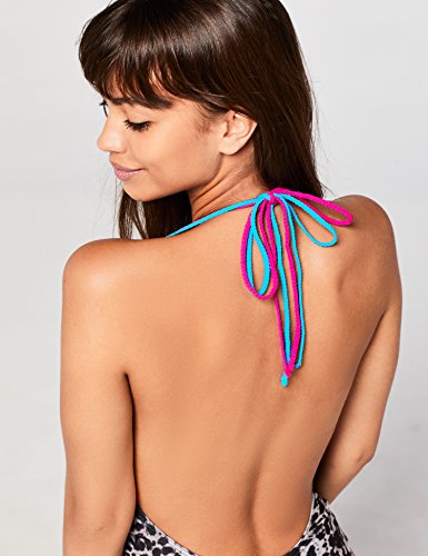 Marca Amazon - IRIS & LILLY Bañador con Espalda Escotada para Mujer, Multicolor (Animal Print/fuchsia/turquoise Strap), S, Label: S