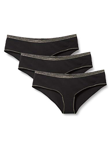Marca Amazon - Iris & Lilly Braga Hipster de Algodón Mujer, Pack de 3, Negro (Black/Gold Lurex), M, Label: M