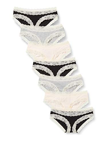 Marca Amazon - Iris & Lilly Braga Hipster de Algodón Mujer, Pack de 7, Multicolor (negro/melange/rosa suave), L, Label: L