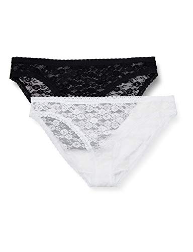 Marca Amazon - IRIS & LILLY Braguitas de Encaje Estilo Bikini Mujer, Pack de 2, Multicolor (White/Black), L, Label: L