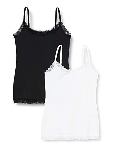 Marca Amazon - IRIS & LILLY Camiseta de Tirantes con Encaje Body Natural para Mujer, Pack de 2, Multicolor (White/Black), XL, Label: XL