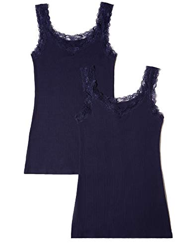 Marca Amazon - Iris & Lilly Camiseta de Tirantes de Algodón Mujer, Pack de 2, Azul (Navy), L, Label: L