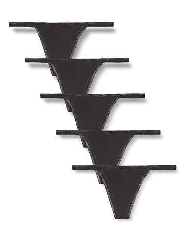 Marca Amazon - IRIS & LILLY Tanga de Hilo de Algodón Mujer, Pack de 5, Negro (Black), M, Label: M