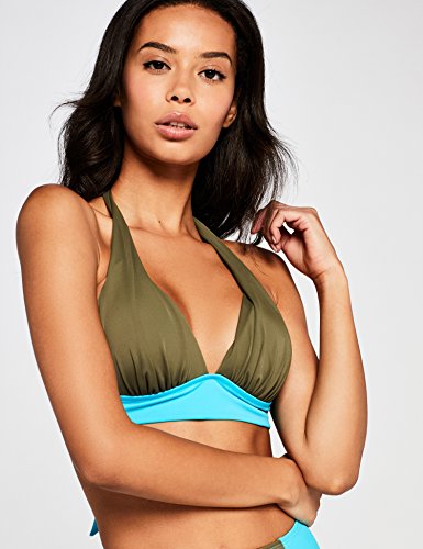 Marca Amazon - IRIS & LILLY Top Bikini con Forma de Triángulo para Mujer, Verde (Olive/turquoise), M, Label: M