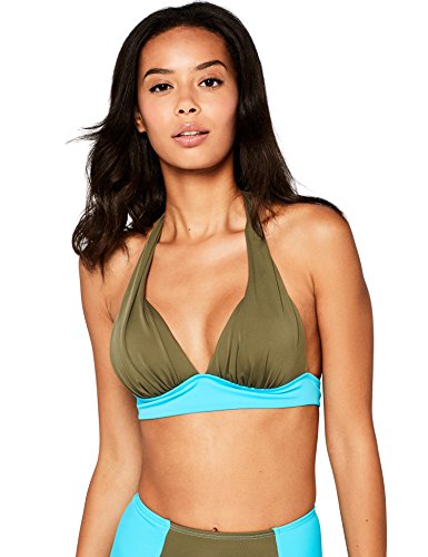 Marca Amazon - IRIS & LILLY Top Bikini con Forma de Triángulo para Mujer, Verde (Olive/turquoise), M, Label: M