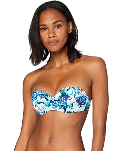 Marca Amazon - IRIS & LILLY Top de Bikini con Estampado de Flores Mujer, Azul (Blue Leaf), L, Label: L