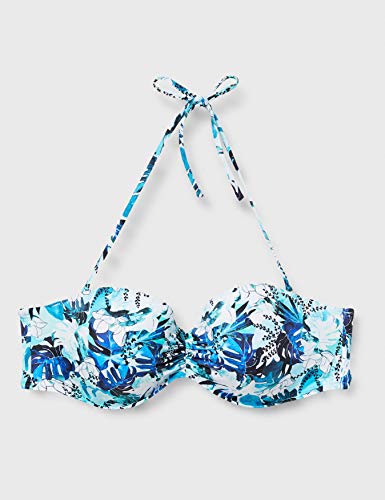 Marca Amazon - IRIS & LILLY Top de Bikini con Estampado de Flores Mujer, Azul (Blue Leaf), L, Label: L