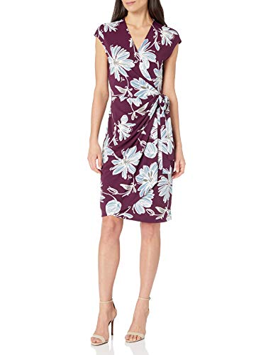 Marca Amazon - Lark & Ro Classic Cap-Sleeve Wrap Dress Vestido, Wine Floral, XS