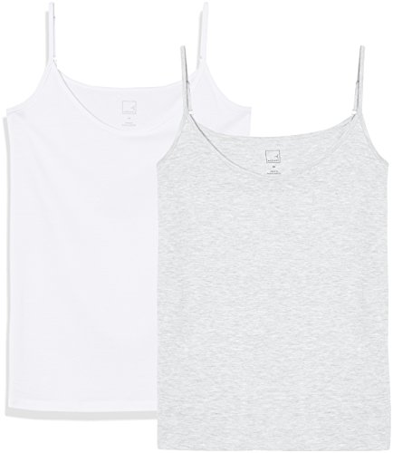 Marca Amazon - MERAKI Camiseta Mujer de Tirantes, Pack de 2, Gris (Light Grey Marl/white), 40, Label: M