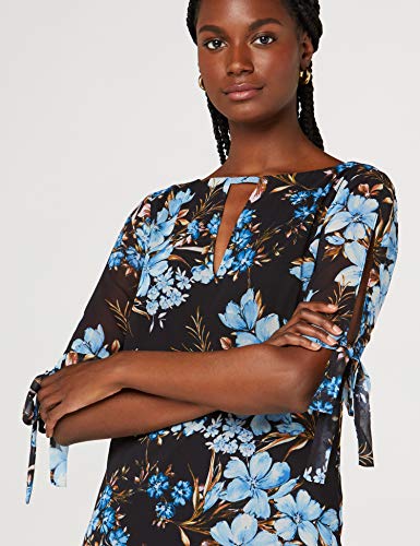 Marca Amazon - TRUTH & FABLE Vestido Evasé de Gasa Mujer, Multicolor (Teal Floral), 38, Label: S