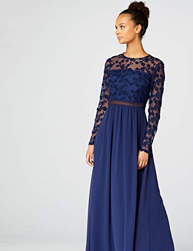 Marca Amazon - TRUTH & FABLE Vestido Largo Evasé de Encaje Mujer, Azul (Blue), 44, Label: XL
