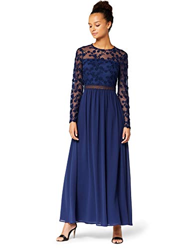 Marca Amazon - TRUTH & FABLE Vestido Largo Evasé de Encaje Mujer, Azul (Blue), 44, Label: XL