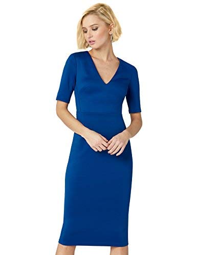 Marca Amazon - TRUTH & FABLE Vestido Midi Ajustado Mujer, Azul (Blue), 36, Label: XS