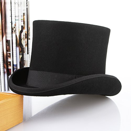 MARRYME Sombrero de Copa Hombre Mujer de 100% Lana de Fieltro Sombreros Fedora Sombrero Boda con Cinta Forro de Raso Invierno/Verano(Negro L/Circunferencia 58-60CM)