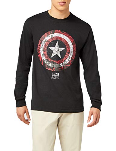 Marvel Ca Comic Shield Long Sleeve Top Camiseta de Manga Larga, Negro, L para Hombre