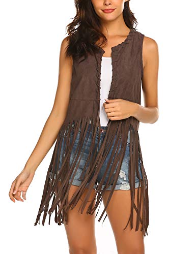 MAXMODA - Chaleco de punto para mujer con flecos occidentales sin mangas, fino y sin mangas A café XXL
