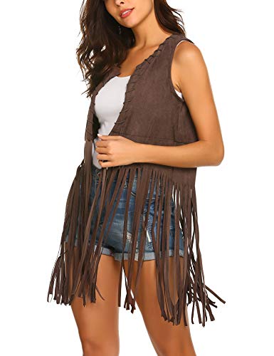 MAXMODA - Chaleco de punto para mujer con flecos occidentales sin mangas, fino y sin mangas A café XXL