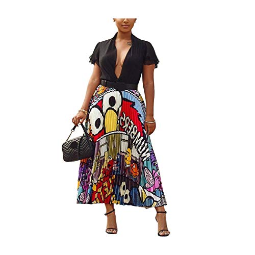 Mcaishen Falda Plisada De Mujer Verano De Europa Y Estados Unidos Explosiones De Dibujos Animados Imprimir Faldas Largas Golpe Salvaje Color Falda Grande.(S,21)