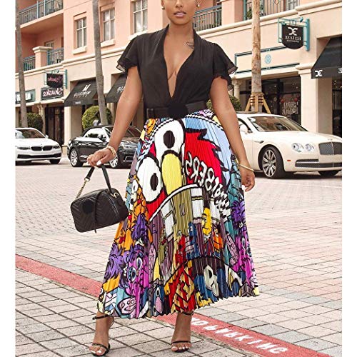 Mcaishen Falda Plisada De Mujer Verano De Europa Y Estados Unidos Explosiones De Dibujos Animados Imprimir Faldas Largas Golpe Salvaje Color Falda Grande.(S,21)
