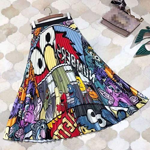 Mcaishen Falda Plisada De Mujer Verano De Europa Y Estados Unidos Explosiones De Dibujos Animados Imprimir Faldas Largas Golpe Salvaje Color Falda Grande.(S,21)