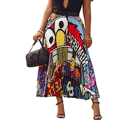 Mcaishen Falda Plisada De Mujer Verano De Europa Y Estados Unidos Explosiones De Dibujos Animados Imprimir Faldas Largas Golpe Salvaje Color Falda Grande.(S,21)