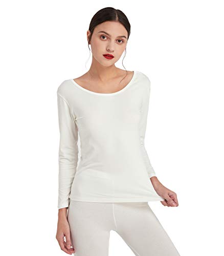 Mcilia Camiseta para Mujer Térmica Delgada de Capa Base Algodón y Modal de Manga Larga con Cuello Redondo Bajo Marfil Blanco Small (EU 34 36 38)