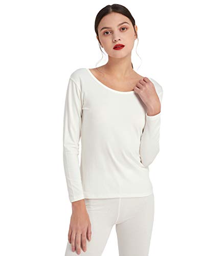 Mcilia Camiseta para Mujer Térmica Delgada de Capa Base Algodón y Modal de Manga Larga con Cuello Redondo Bajo Marfil Blanco Small (EU 34 36 38)