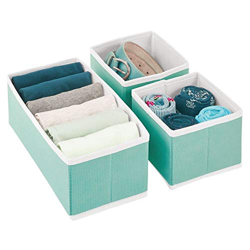 mDesign Cajas organizadoras para armarios – Cestas de Tela de Diferentes tamaños para cajones – Organizadores para armarios para Guardar Calcetines, Ropa Interior y más – Juego de 3 – Turquesa/Blanco