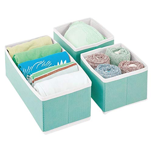 mDesign Cajas organizadoras para armarios – Cestas de Tela de Diferentes tamaños para cajones – Organizadores para armarios para Guardar Calcetines, Ropa Interior y más – Juego de 3 – Turquesa/Blanco