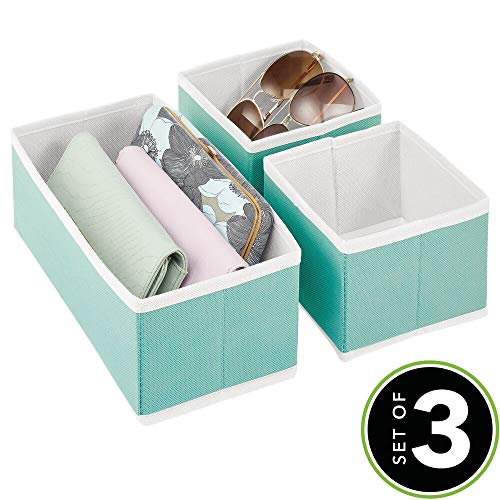 mDesign Cajas organizadoras para armarios – Cestas de Tela de Diferentes tamaños para cajones – Organizadores para armarios para Guardar Calcetines, Ropa Interior y más – Juego de 3 – Turquesa/Blanco