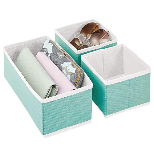 mDesign Cajas organizadoras para armarios – Cestas de Tela de Diferentes tamaños para cajones – Organizadores para armarios para Guardar Calcetines, Ropa Interior y más – Juego de 3 – Turquesa/Blanco