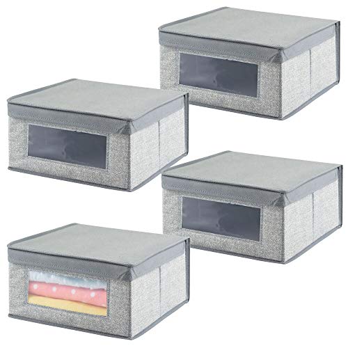 mDesign Juego de 4 Cajas organizadoras Medianas de Tela – Organizadores para armarios para el Cuarto de los niños – Caja para organizar Ropa, Mantas o Baberos con Tapa y Ventana – Gris