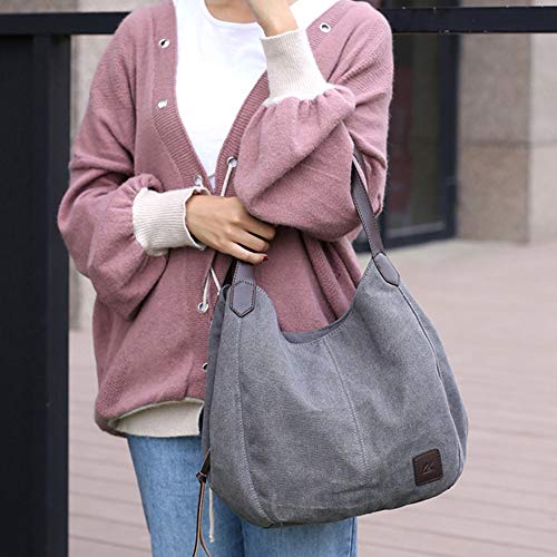 Mdsfe Bolso de Lona para Mujer, Bolso de Hombro Hobos Femenino, Bolso de Mano Retro sólido con Bolsillos múltiples para Mujer - Azul, a1
