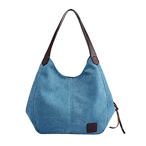 Mdsfe Bolso de Lona para Mujer, Bolso de Hombro Hobos Femenino, Bolso de Mano Retro sólido con Bolsillos múltiples para Mujer - Azul, a1